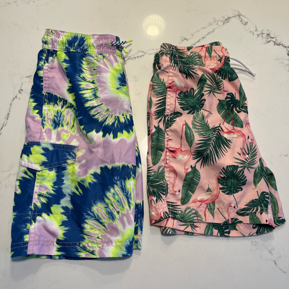 Kids Swim Trunks 2x - Tie-Dye Blue and Pink Flamingo | size M